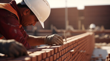 close up of industrial bricklayer installing bricks on construction site . generative ai