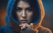 Woman in blue turtleneck knitted sweater sadly looking at camera while covering sad face