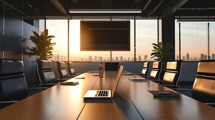 Poster - Generative AI : Conference room with wooden table with laptop and blackboard at sunset 3D Render