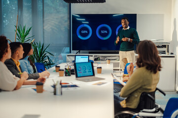 Wall Mural - Multiracial business team having a meeting in a modern bright office interior