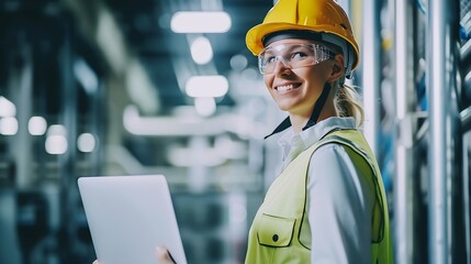 Fototapete - Generative AI : Close up smiling face of engineer manager leader woman wearing helmet holding laptop