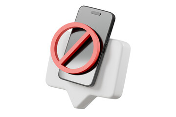 Wall Mural - 3d speech bubble mobile phone with forbidden sign with red crossed circle icon. minimal cartoon desi