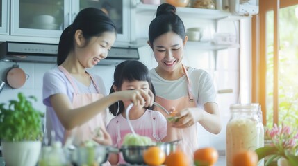 Wall Mural - Generative AI : Portrait of smiling mother and children standing at cooking counter preparing ingredient for dinner meal. 