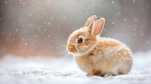 A Cute Little Bunny Happily Plays In The Snow Having Fun Under The White Blanket. Rabbit With Soft Fur Contrasts With The Icy Scenery And Simplicity Of Wildlife.