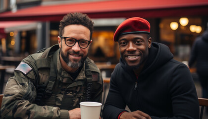 Canvas Print - Two young adult males sitting outdoors, smiling and looking at camera, drinking coffee generated by AI