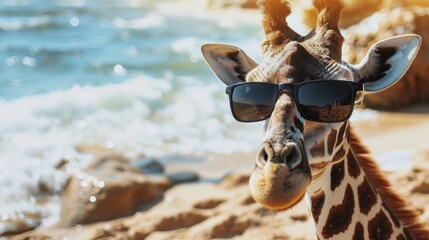 Wall Mural - giraffe with sunglasses, sitting on a beach, generative ai