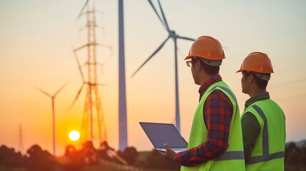 Aufkleber - Generative AI : Male and female engineers working on a wind farm atop a mountain in the rural. 