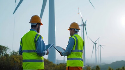 Poster - Generative AI : Two professional maintenance engineers in safety workwear using laptop checklist wind turbine 