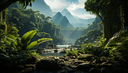 Wall Mural - Travel to the tropical rainforest, explore the tranquil mountain peak generated by AI