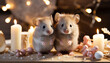 Cute small rodents celebrate with candles, fluffy love in winter generated by AI