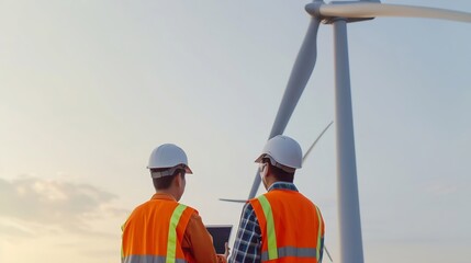 Poster - Generative AI : maintenance engineers in safety workwear using laptop checklist wind turbine on windmill