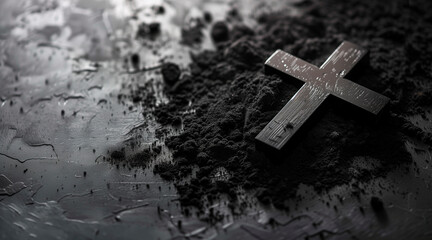 Christian cross and ash as symbol of religion, sacrifice, redemption of Jesus Christ. Ash Wednesday concept