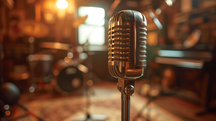 1950's - 60's professional microphone in recording studio, Vintage style microphone.