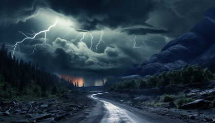 Sticker - Dark night, thunderstorm, danger nature mystery in rural landscape generated by AI