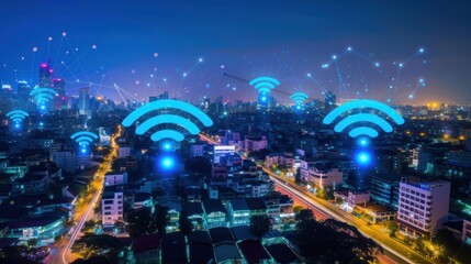 Wall Mural - A modern cityscape integrates wireless network connection, highlighting seamless urban connectivity against the backdrop of the night sky