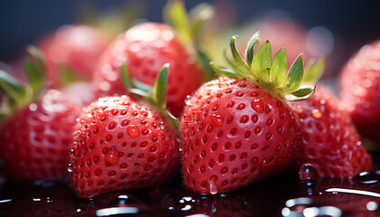 Sticker - Fresh strawberry dessert on wooden table, healthy and delicious generated by AI