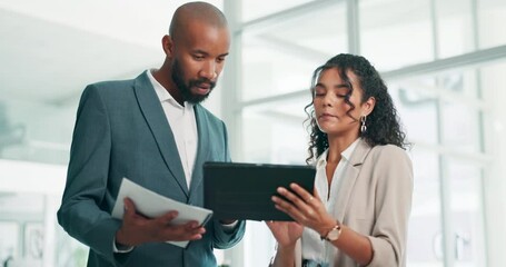 Aufkleber - Tablet, mentor and woman in office for advice for online feedback, agenda or schedule for law firm. Team, senior management and legal consultant in workplace with digital app for advisory business.