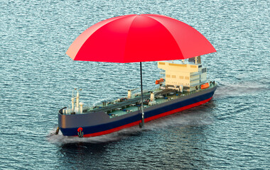 Poster - Oil tanker under umbrella sailing in ocean. Insurance and protect freight transportation concept. 3D rendering