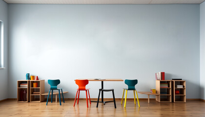 Canvas Print - Modern apartment with comfortable blue chair and wooden table generated by AI