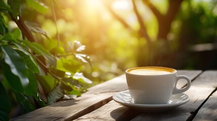 Poster - Generative AI : Espresso Coffee on wood table nature background in garden,warm tone