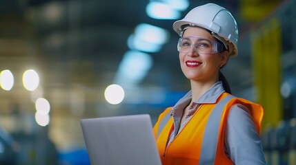 Fototapete - Generative AI : Close up smiling face of engineer manager leader woman wearing helmet holding laptop