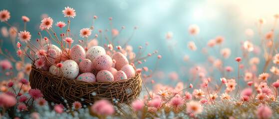 Easter eggs in a nest with pink flowers on a blue background.