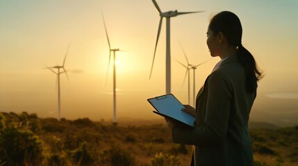 Poster - Generative AI : asian business woman wearing suit holding tablet and clipboard with windmill environment renewable energy.
