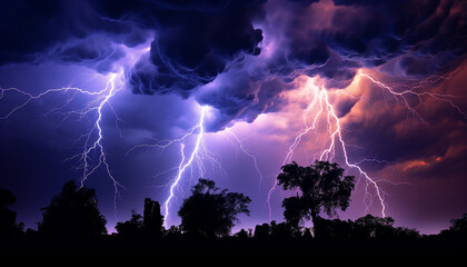 Wall Mural - Dramatic sky, dark night, thunderstorm, bolt, glowing electricity, nature power generated by AI