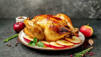 Wall Mural - Baked whole chicken with apples on a plate on stone background