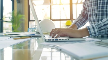 Poster - Generative AI : business man hand working and laptop with on architectural project