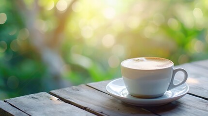 Poster - Generative AI : Espresso Coffee on wood table nature background in garden,warm tone