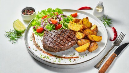 Wall Mural - Top view of delicious grilled beef steak and rustic potatoes wedges with vegetable salad served on plate on white background 