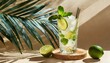 Cold Mojito cocktail with rum, lime, ice cubes and mint. Tropical palm leaf shadow. Sunlight and shadow background. 
