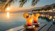 Summer sunrise drink and summer background of sea with palms