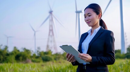 Poster - Generative AI : asian business woman wearing suit holding tablet and clipboard with windmill environment renewable energy.
