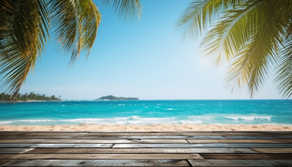 Poster - Tropical coastline, palm trees, clear sky, tranquil water, relaxation generated by AI