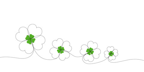 clover leaves in continuous line art drawing style. st patricks day. Minimalist black line sketch on transparent background.