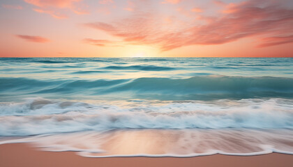 Wall Mural - Sunset over the tranquil coastline, waves crashing on sandy shores generated by AI