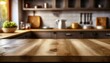 Wooden desk of free space and kitchen interior