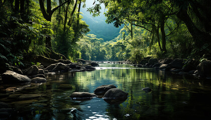 Sticker - Tranquil scene  flowing water reflects natural beauty of tropical forest generated by AI