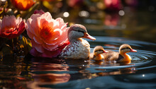 Cute Duckling Quacking On Pond, Surrounded By Nature Beauty Generated By AI