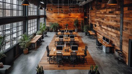 Wall Mural - Spacious office interior with large windows and wooden elements. Workplace and design concept Generative AI