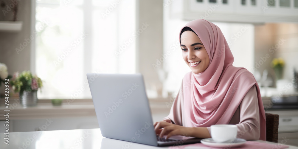 Content woman in pink hijab working on laptop in a bright kitchen ...