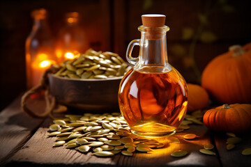 Wall Mural - Raw pumpkin seed oil in a glass bottle