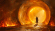 a man standing in a tunnel towards fire, in the style of highly detailed illustrations, spiritual landscape, whirring contrivances
