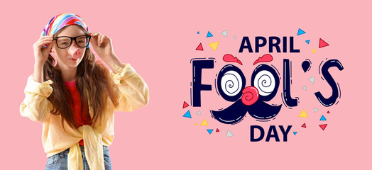 Poster - Little girl in funny disguise on pink background. Banner for April Fools' Day