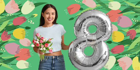 Canvas Print - Beautiful young girl with balloon in shape of figure 8 and flowers on green background. International Women's Day