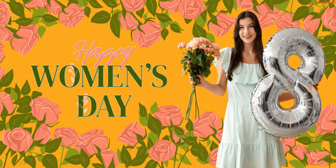 Poster - Beautiful young girl with balloon in shape of figure 8 and flowers on orange background. International Women's Day