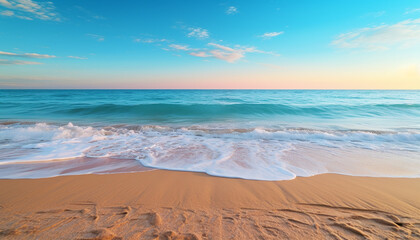 Poster - Sunset over the coastline, waves crash on sandy beach generated by AI