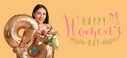 Sticker - Beautiful young girl with balloon in shape of figure 8 and flowers on beige background. International Women's Day